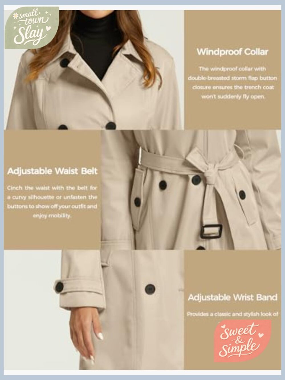 Waterproof Trench Coat Classic Lapel Outerwear with Belt Long Length - Picture 5 of 7